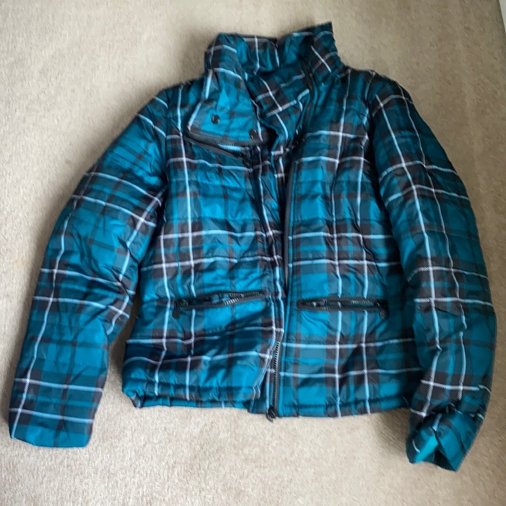 EUC teal plaid puffer coat